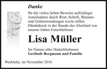 Traueranzeige von Lisa Müller  von Magdeburger Volksstimme