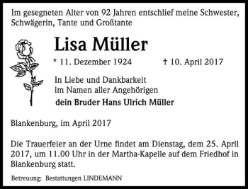 Traueranzeige von Lisa Müller  von Magdeburger Volksstimme