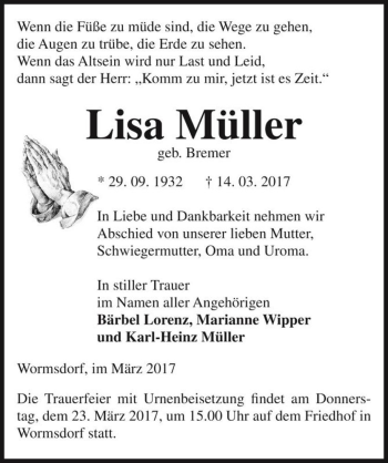 Traueranzeige von Lisa Müller (geb. Bremer)  von Magdeburger Volksstimme