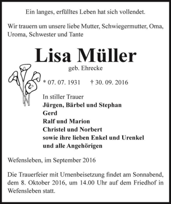 Traueranzeige von Lisa Müller (geb. Ehrecke)  von Magdeburger Volksstimme