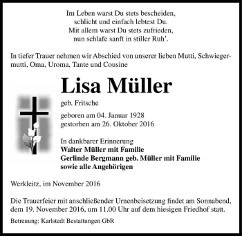 Traueranzeige von Lisa Müller (geb. Fritsche)  von Magdeburger Volksstimme