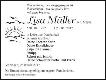 Traueranzeige von Lisa Müller (geb. Meyer)  von Magdeburger Volksstimme
