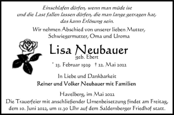 Traueranzeige von Lisa Neubauer (geb. Ebert)  von Magdeburger Volksstimme