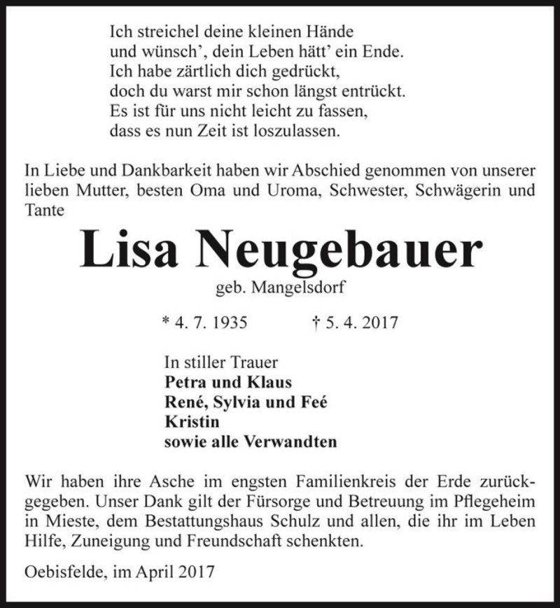  Traueranzeige für Lisa Neugebauer (geb. Mangelsdorf)  vom 15.04.2017 aus Magdeburger Volksstimme