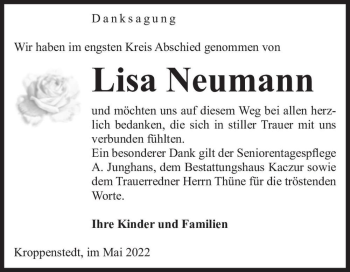 Traueranzeige von Lisa Neumann  von Magdeburger Volksstimme