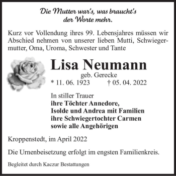 Traueranzeige von Lisa Neumann (geb. Gerecke)  von Magdeburger Volksstimme