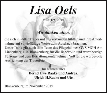 Traueranzeige von Lisa Oels  von Magdeburger Volksstimme