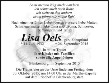 Traueranzeige von Lisa Oels (geb. Zehnpfund)  von Magdeburger Volksstimme