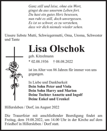 Traueranzeige von Lisa Olschok (geb. Kitzelmann)  von Magdeburger Volksstimme