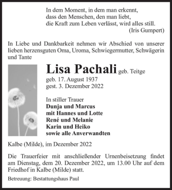 Traueranzeige von Lisa Pachali (geb. Teitge)  von Magdeburger Volksstimme