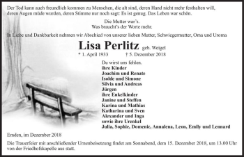 Traueranzeige von Lisa Perlitz (geb. Weigel)  von Magdeburger Volksstimme