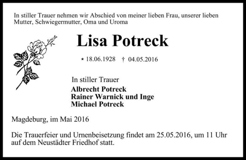  Traueranzeige für Lisa Potreck  vom 09.05.2016 aus Magdeburger Volksstimme