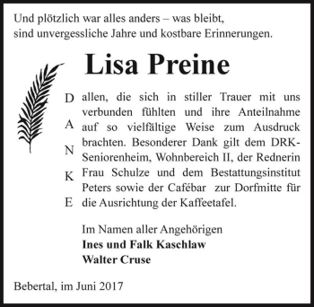 Traueranzeige von Lisa Preine  von Magdeburger Volksstimme