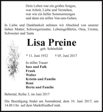 Traueranzeige von Lisa Preine (geb. Schönfeldt)  von Magdeburger Volksstimme