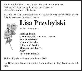 Traueranzeige von Lisa Przybylski  von Magdeburger Volksstimme