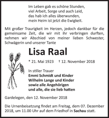 Traueranzeige von Lisa Raal  von Magdeburger Volksstimme