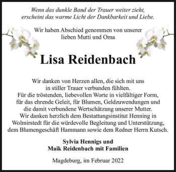 Traueranzeige von Lisa Reidenbach  von Magdeburger Volksstimme