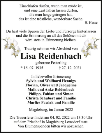 Traueranzeige von Lisa Reidenbach (geb. Festerling)  von Magdeburger Volksstimme