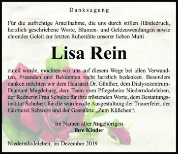 Traueranzeige von Lisa Rein  von Magdeburger Volksstimme