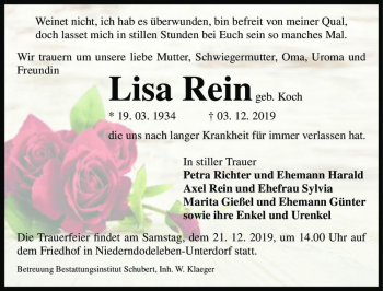 Traueranzeige von Lisa Rein (geb. Koch)  von Magdeburger Volksstimme