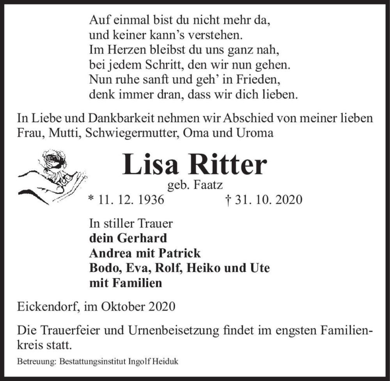  Traueranzeige für Lisa Ritter (geb. Faatz)  vom 07.11.2020 aus Magdeburger Volksstimme