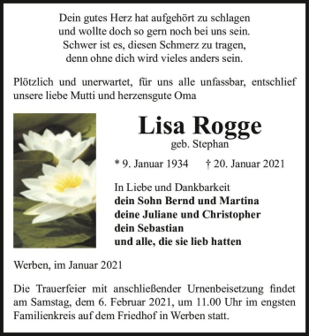 Traueranzeige von Lisa Rogge (geb. Stephan)  von Magdeburger Volksstimme