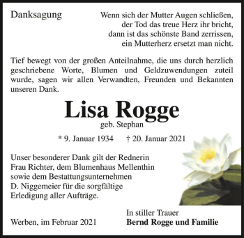 Traueranzeige von Lisa Rogge (geb. Stephan)  von Magdeburger Volksstimme