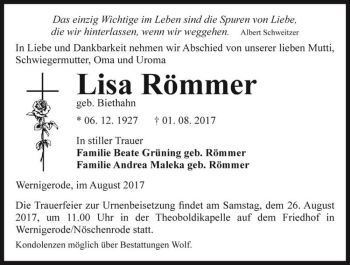 Traueranzeige von Lisa Römmer (geb. Biethahn)  von Magdeburger Volksstimme