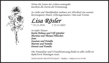 Traueranzeige von Lisa Rösler  von Magdeburger Volksstimme