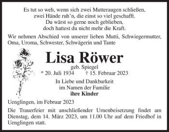 Traueranzeige von Lisa Röwer (geb. Spiegel)  von Magdeburger Volksstimme