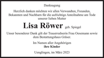 Traueranzeige von Lisa Röwer (geb. Spiegel)  von Magdeburger Volksstimme