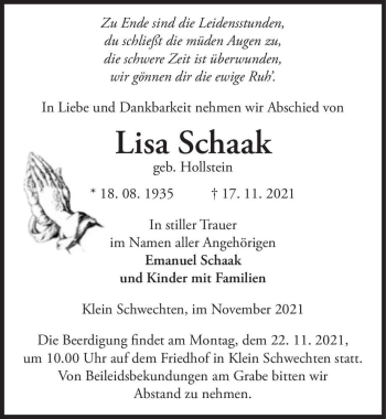 Traueranzeige von Lisa Schaak (geb. Hollstein)  von Magdeburger Volksstimme