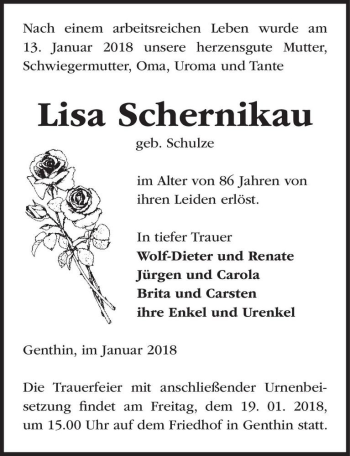 Traueranzeige von Lisa Schernikau (geb. Schulze)  von Magdeburger Volksstimme