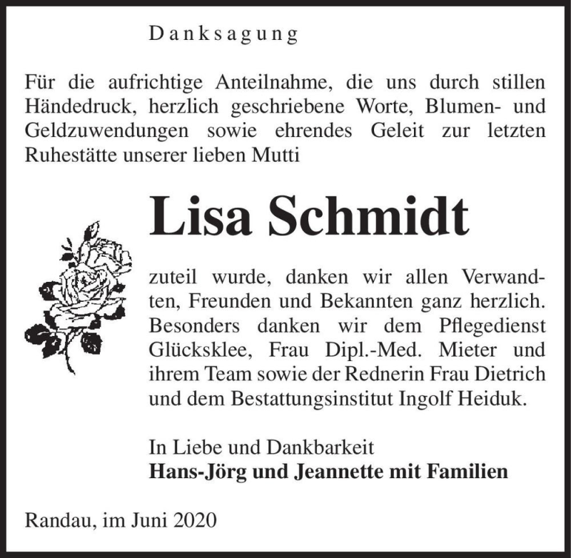  Traueranzeige für Lisa Schmidt  vom 13.06.2020 aus Magdeburger Volksstimme