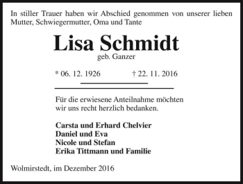 Traueranzeige von Lisa Schmidt (geb. Ganzer)  von Magdeburger Volksstimme