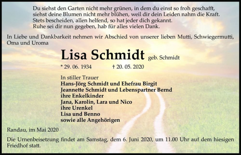  Traueranzeige für Lisa Schmidt (geb. Schmidt)  vom 30.05.2020 aus Magdeburger Volksstimme