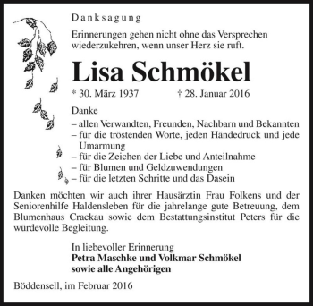 Traueranzeige von Lisa Schmökel  von Magdeburger Volksstimme
