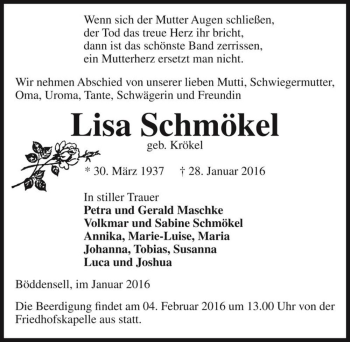 Traueranzeige von Lisa Schmökel (geb. Krökel)  von Magdeburger Volksstimme
