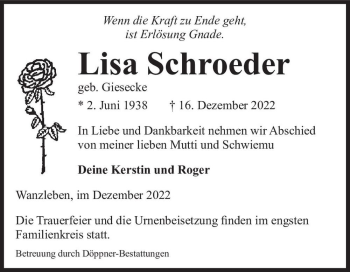 Traueranzeige von Lisa Schroeder (geb. Giesecke)  von Magdeburger Volksstimme