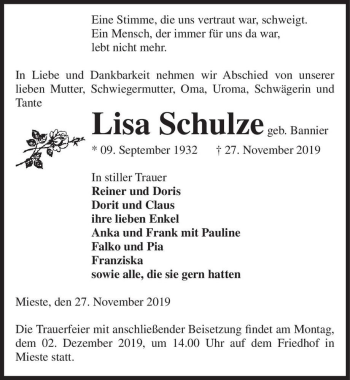 Traueranzeige von Lisa Schulze (geb. Bannier)  von Magdeburger Volksstimme