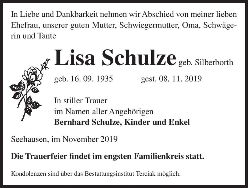  Traueranzeige für Lisa Schulze (geb. Silberborth)  vom 16.11.2019 aus Magdeburger Volksstimme