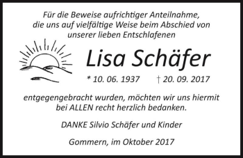 Traueranzeige von Lisa Schäfer  von Magdeburger Volksstimme