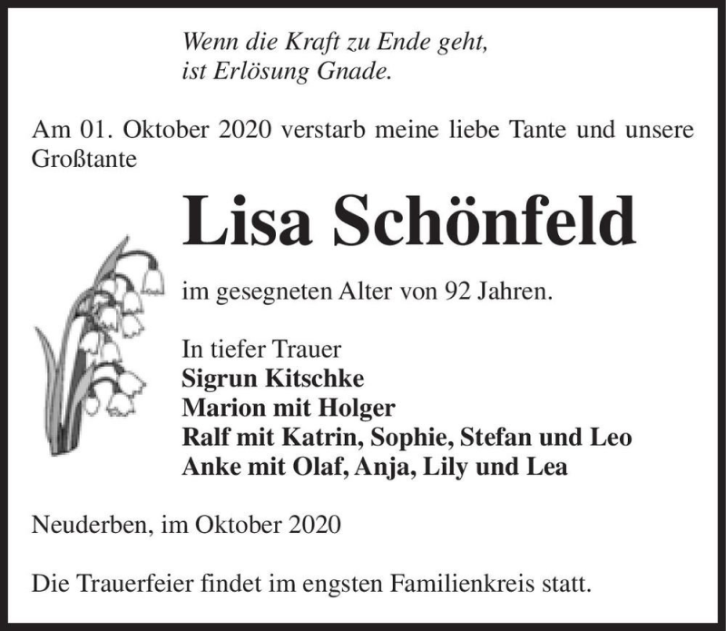  Traueranzeige für Lisa Schönfeld  vom 10.10.2020 aus Magdeburger Volksstimme