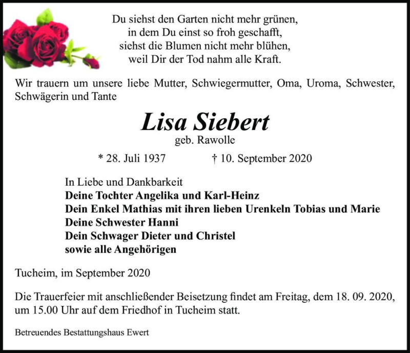  Traueranzeige für Lisa Siebert (geb. Rawolle)  vom 14.09.2020 aus Magdeburger Volksstimme