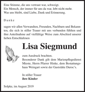 Traueranzeige von Lisa Siegmund  von Magdeburger Volksstimme
