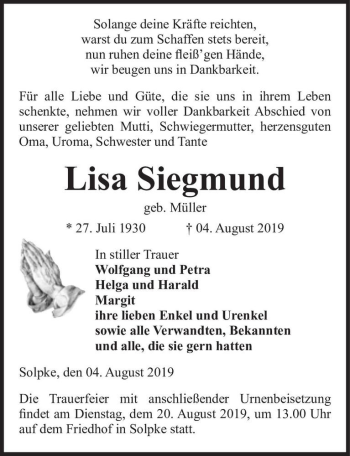 Traueranzeige von Lisa Siegmund (geb. Müller)  von Magdeburger Volksstimme
