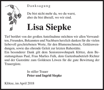 Traueranzeige von Lisa Siepke  von Magdeburger Volksstimme
