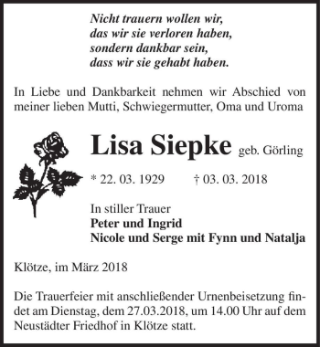 Traueranzeige von Lisa Siepke (geb. Görling)  von Magdeburger Volksstimme