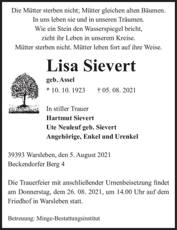 Traueranzeige von Lisa Sievert (geb. Assel)  von Magdeburger Volksstimme