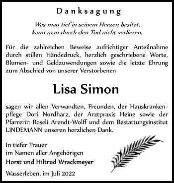 Traueranzeige von Lisa Simon  von Magdeburger Volksstimme